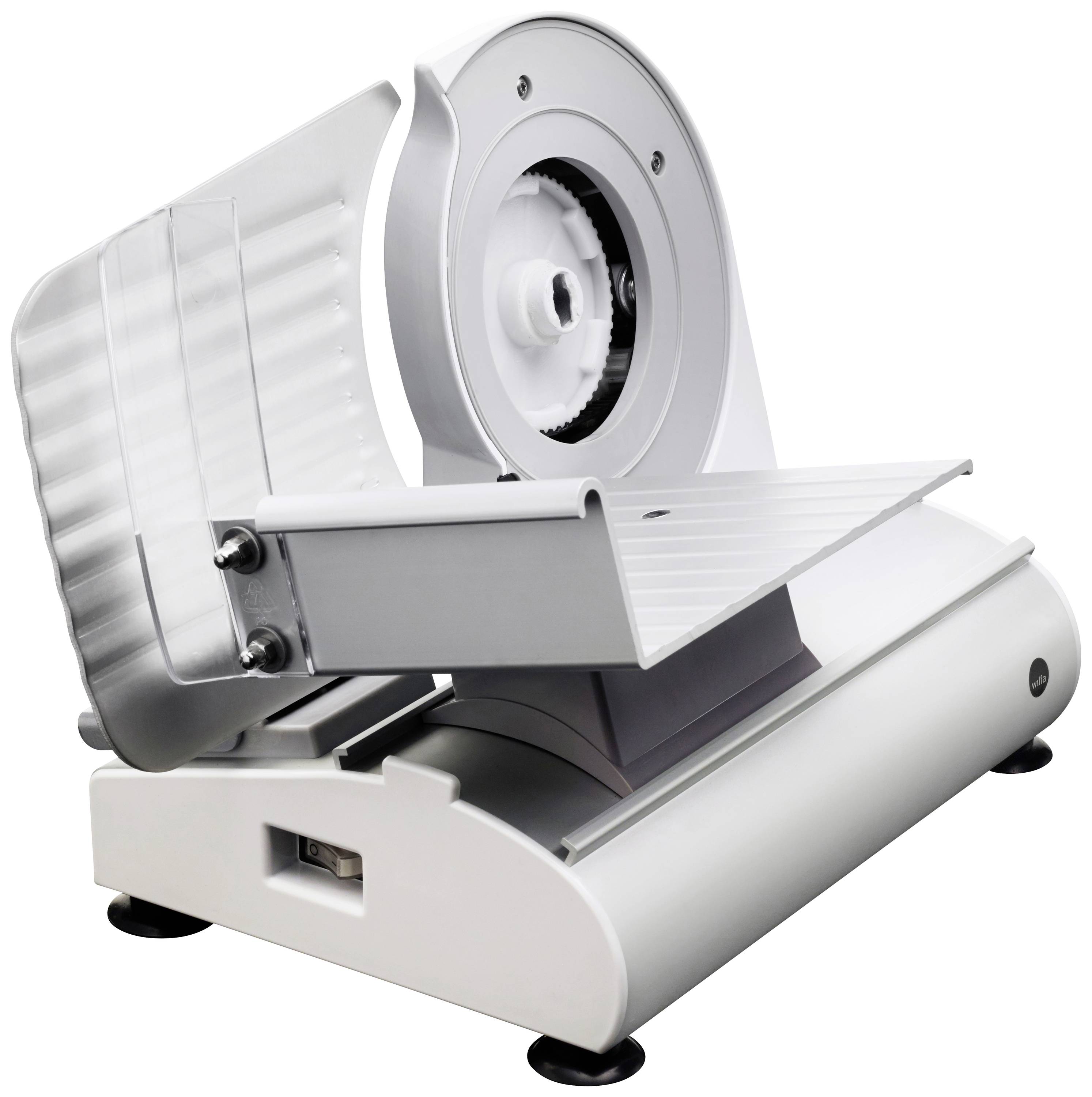 A silver electric cutting machine with a rotating blade system, suitable for cutting food such as meat and cheese.