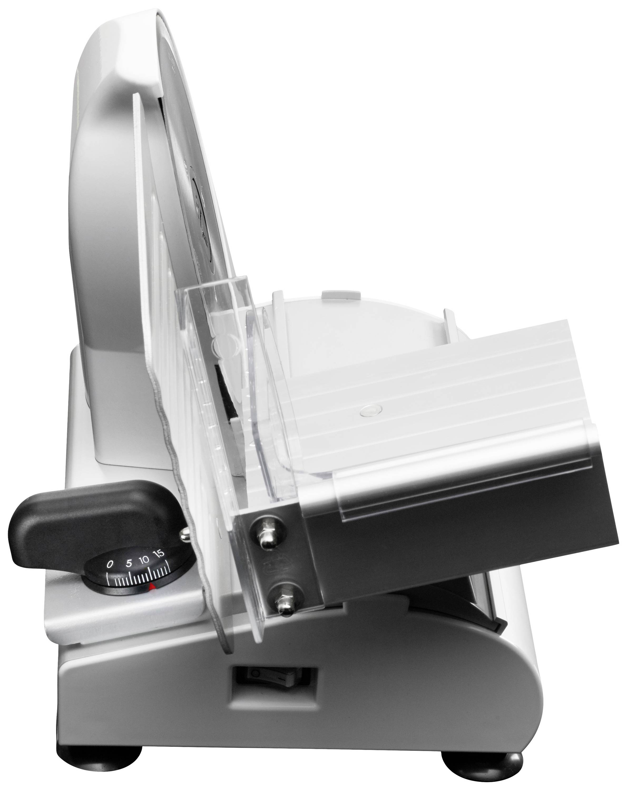 A silver electric bread slicer with a black handle and adjustable thickness scale, viewed from the side.
