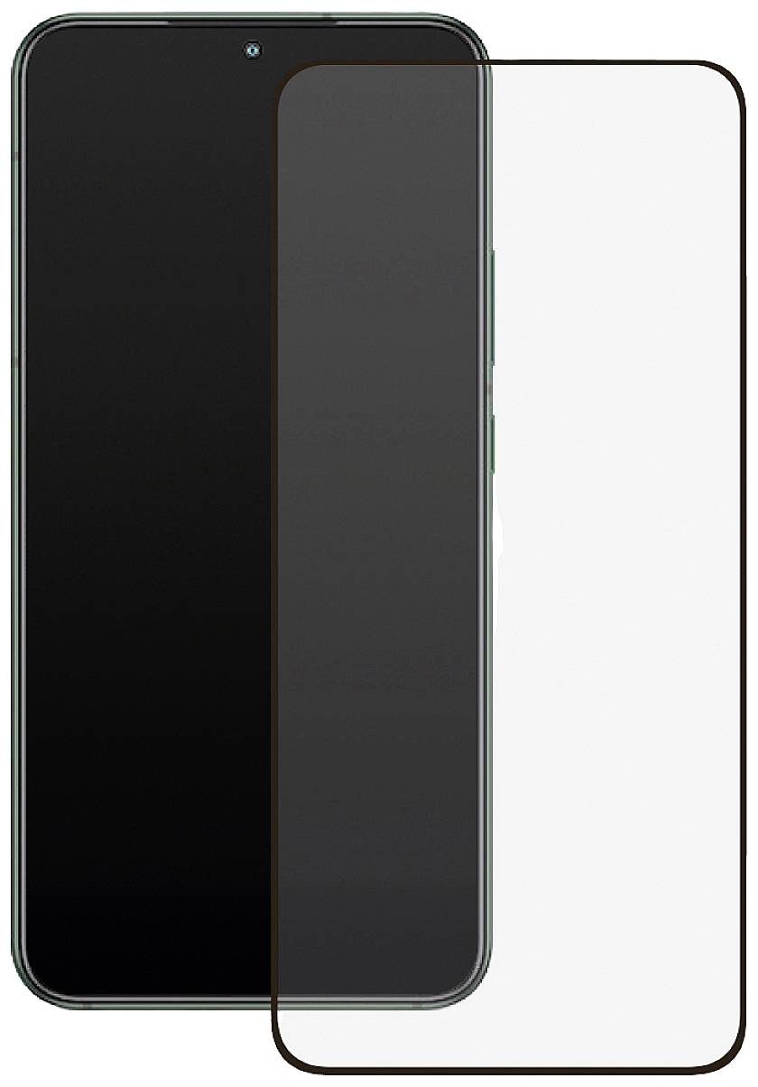 Smartphone with a black screen, with a transparent screen protector placed next to it on the right, which can be applied to the display.