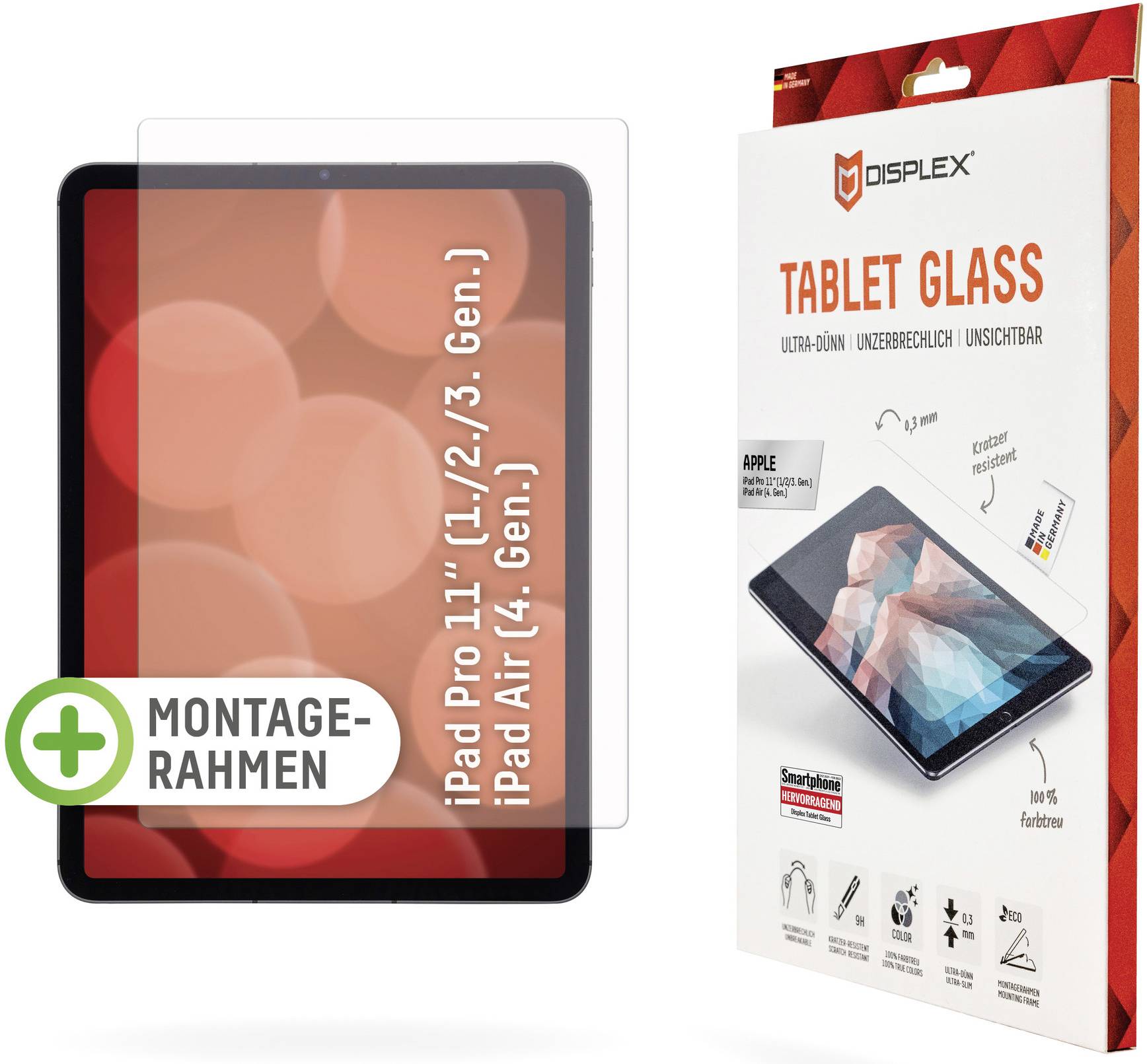 Screen protector glass for iPad Pro 11" (1st/2nd/3rd Gen.) and iPad Air (4th Gen.) with mounting frame, packaged in Displex box.