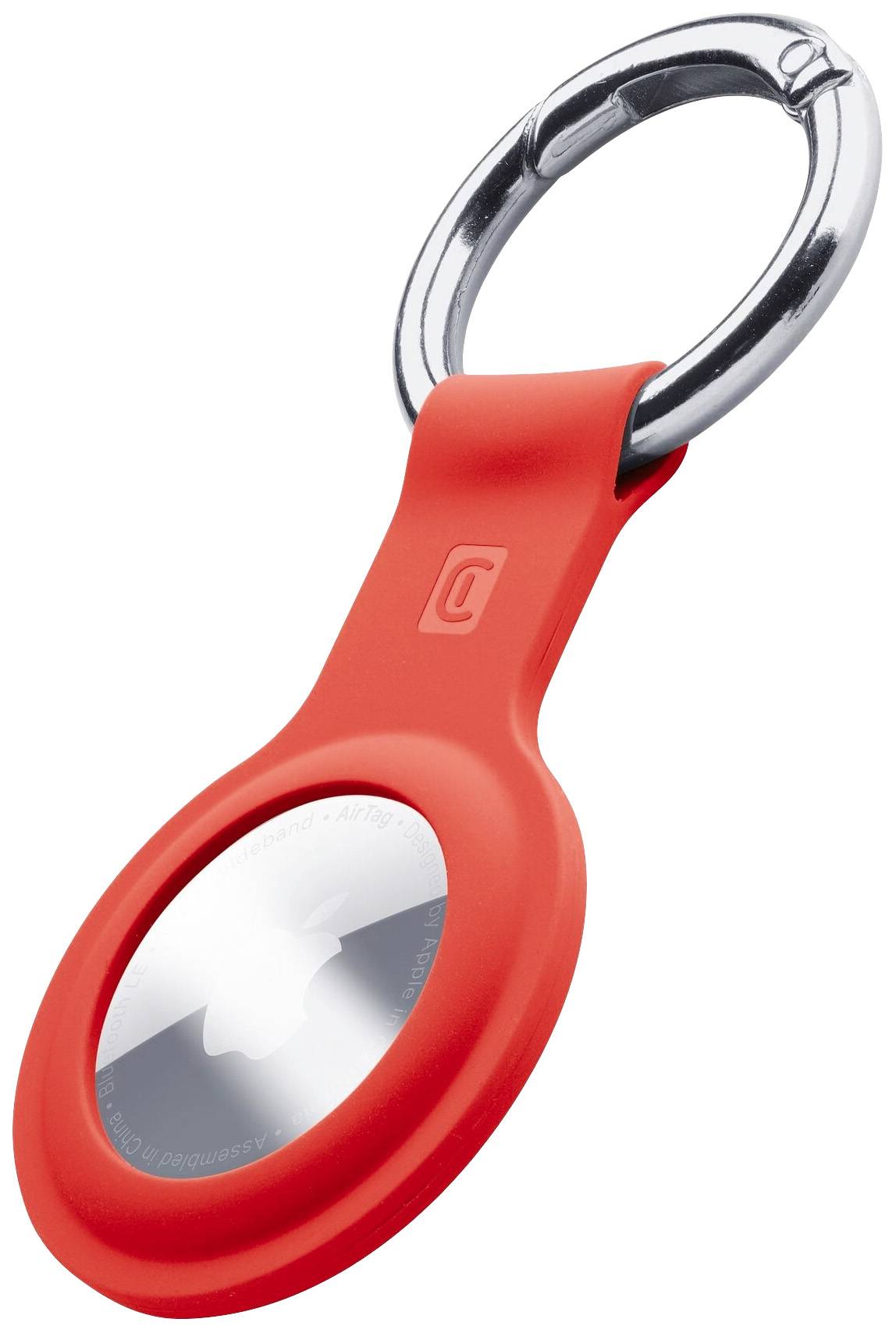A red AirTag key ring with a silver AirTag inside, attached to a metallic key ring, against a white background.