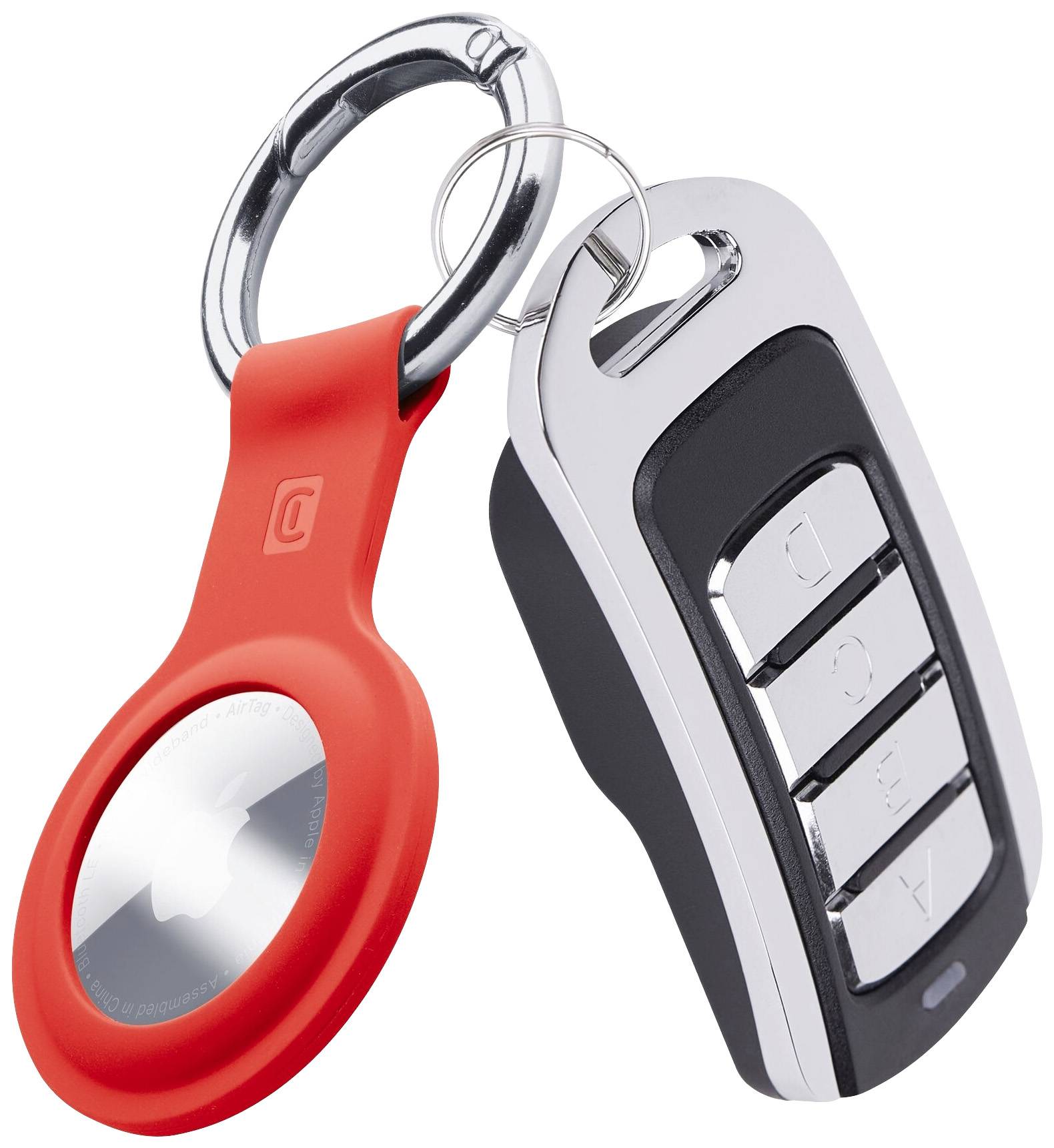 Red keyring with silver car key. The fob has a metallic surface, suitable for attaching to keys.