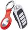 Red keyring with silver car key. The fob has a metallic surface, suitable for attaching to keys.