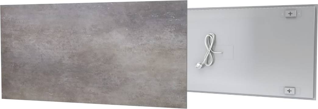 'Bathroom radiator' Front view shows a grey, rectangular surface. Rear view reveals electrical cables and mounting holes.