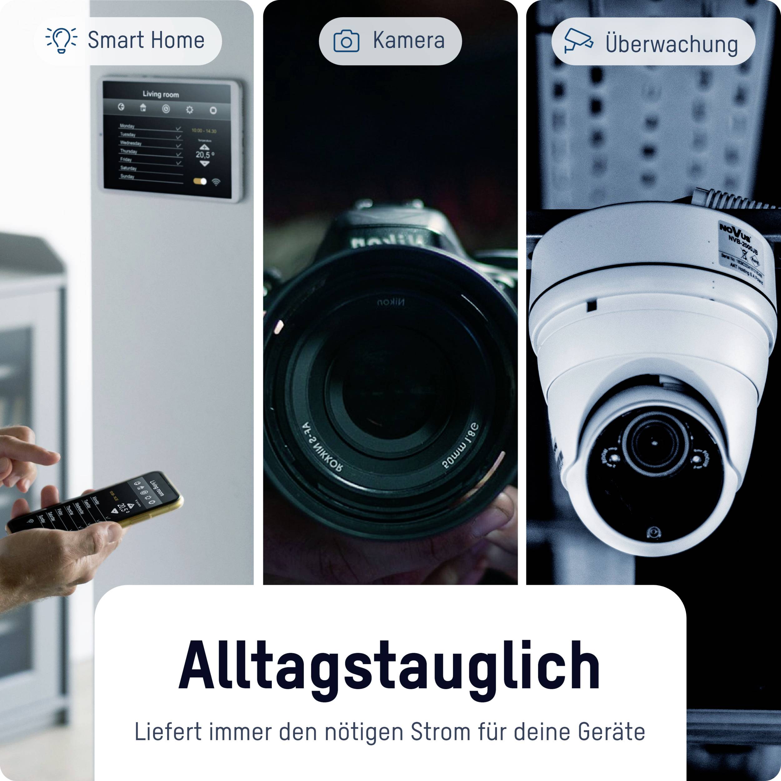 'Everyday Usable' - Three images side by side showing smart home control, camera, and surveillance camera. Text: 'Always provides the necessary power for your devices'.