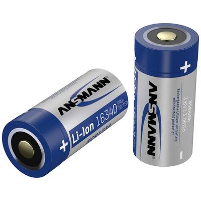 'Two blue cylindrical Li-Ion batteries with the imprint "ANSMANN 16340" and "3.6V, 3.6Wh" are lying on a white background.'