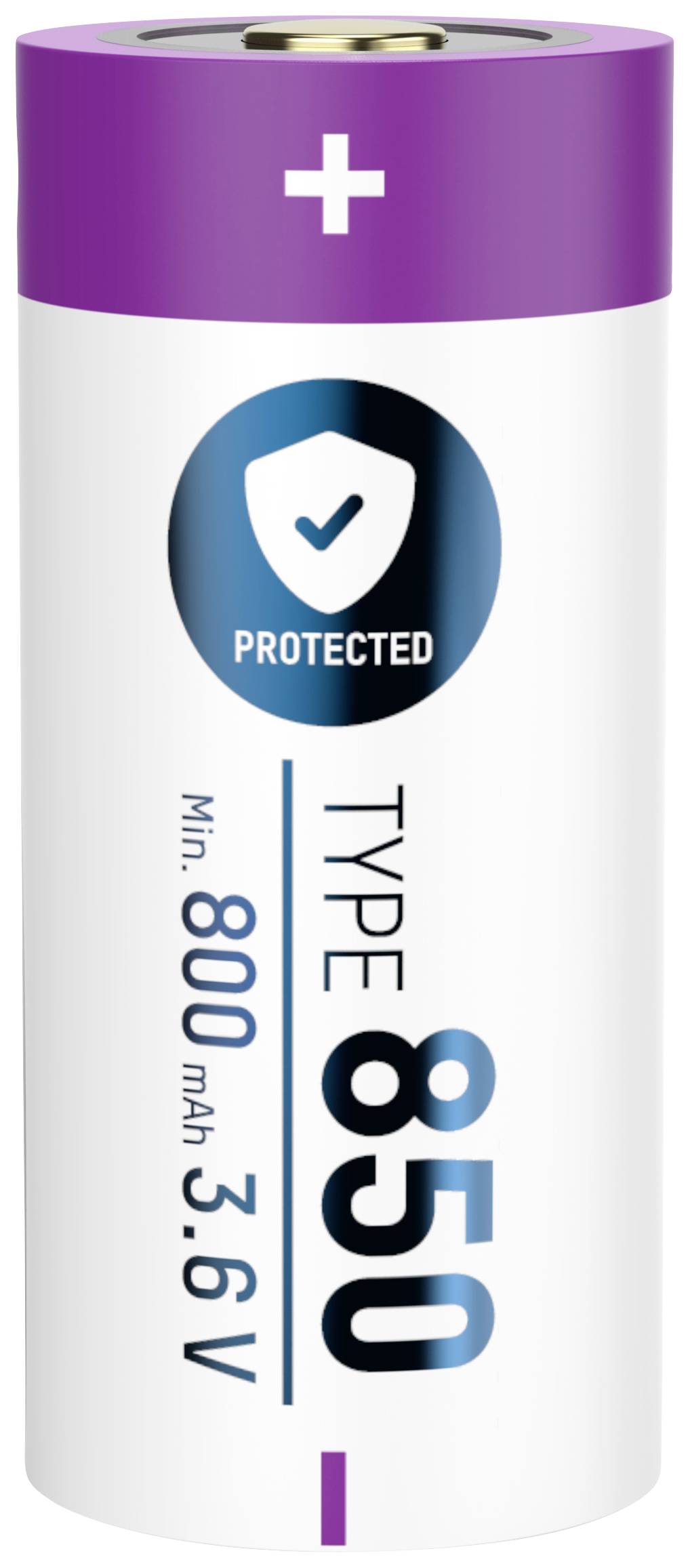 Lilac-white battery with plus sign at the top, text: 'Protected', 'Type 850', 'Min. 800 mAh, 3.6V'. Battery and protection indicator.<br><br>Note: The translation maintains the original description with British English spelling and terminology.