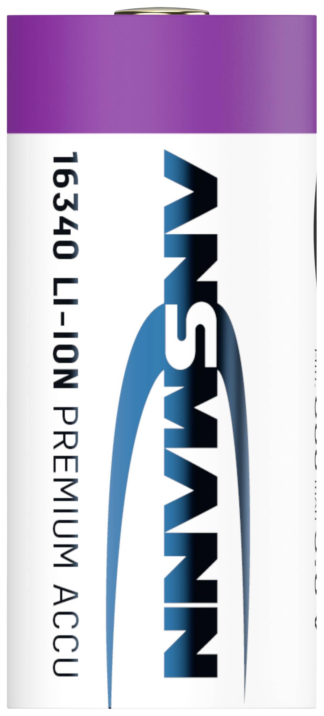 A rechargeable 16340 lithium-ion battery with the inscription 'ANSMANN' and 'PREMIUM ACCU'.