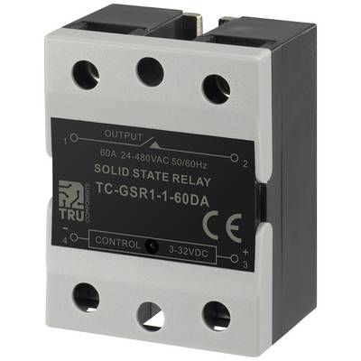 A solid-state relay by TRU Components, model TC-GSR1-1-60DA, with an output rating of 60A at 24-480VAC, controlled by 3-32VDC.