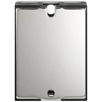 Metallic rectangular plate with two circular recesses at the top and bottom edges.
