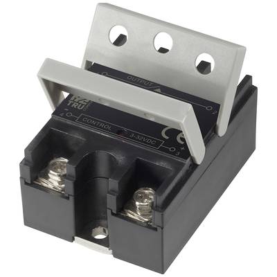 A solid-state relay with input and output terminals. On the front, the labels 'Control' and 'Output' are visible.