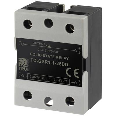 A solid-state relay labelled 'TC-GSR1-1-25DD', input range 3-32VDC and output range 5-220VDC, 25A.