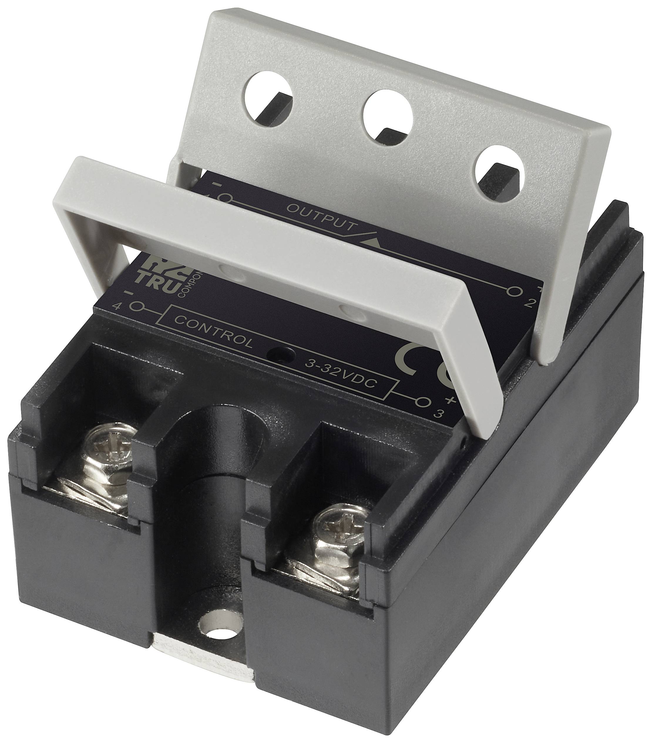 A solid-state relay with three terminal connections and printed text 'CONTROL 3-32VDC'. It has a black and grey housing.