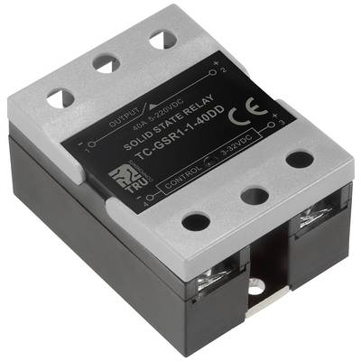 Grey and black solid-state relay with marking: 40A, 3-32VDC, CE certification.