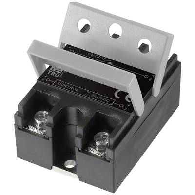 'TruS SSR', black solid-state relay, model with heatsink. Suitable for 3-32 VDC input voltage and 40 A load current.
