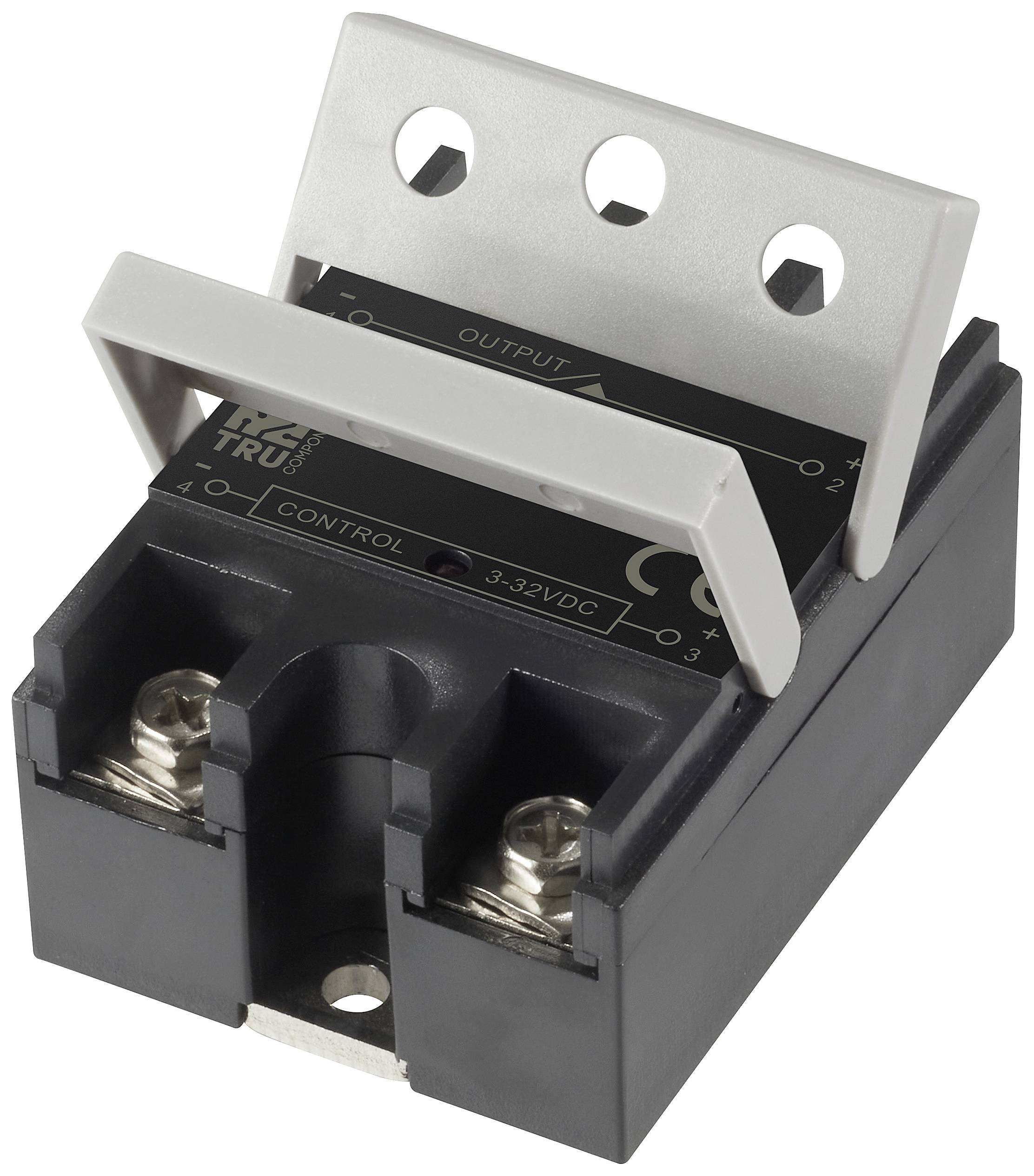 A rectangular semiconductor relay unit with two terminals is depicted, which is used for control applications in electrical systems.