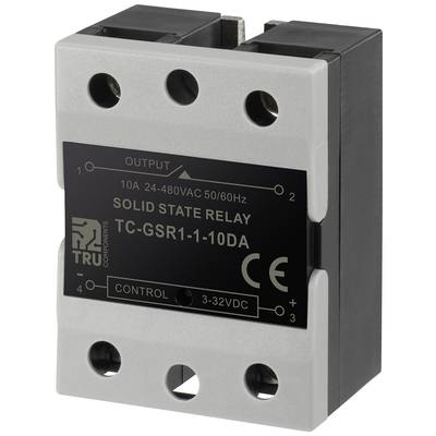 A solid state relay with the inscription 'Solid State Relay TC-GSR1-1-10DA', 10A, 24-480VAC, 3-32VDC, against a white background.