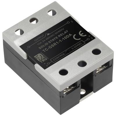 A solid-state relay with a capacity of 10A at 24-480V AC and 3-32V DC control range. It has a CE mark.