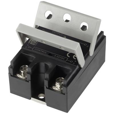 A solid-state relay in a black housing with a plastic mounting bracket and connections for control (3-32VDC) and output.