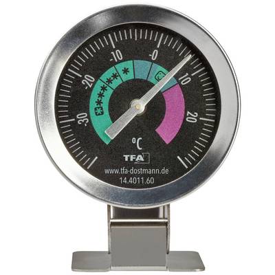 An analogue thermometer is showing a temperature of approximately 10 degrees Celsius. It has colour-coded markings for specific temperature ranges.