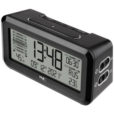 Digital alarm clock shows '13:48', date '09.12.2021', alarm time '06:30'. Temperature '23°C', humidity '45%'.