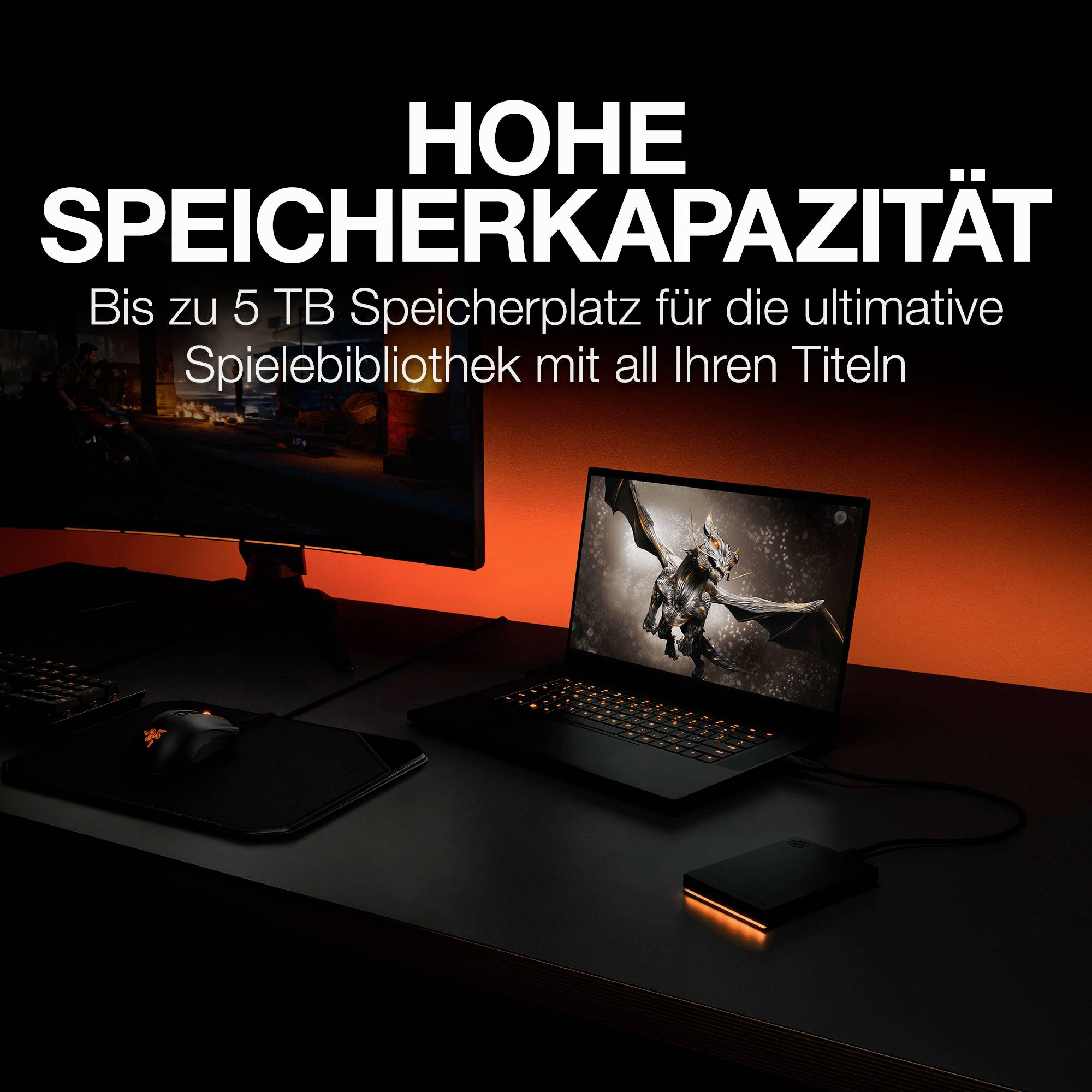 A desk with an open laptop. Text: 'High storage capacity up to 5 TB for your game library.'
