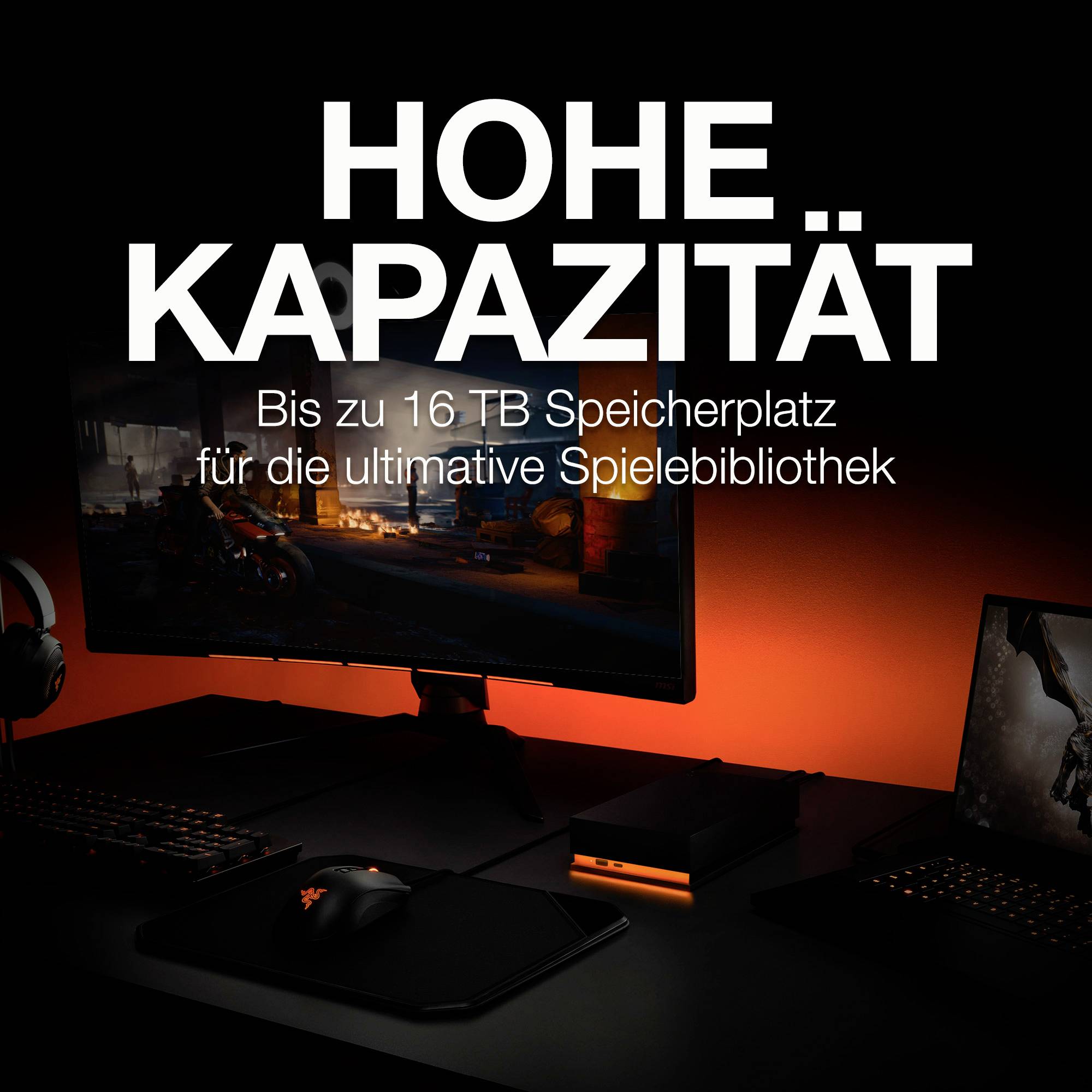 Gaming Setup with a glowing screen and text: 'High Capacity - Up to 16 TB Storage Space for the Ultimate Game Library'.
