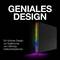 A black external hard drive with illuminating lights in rainbow colours. Text: 'Brilliant Design' and 'A bold design to complement gaming battle stations'.