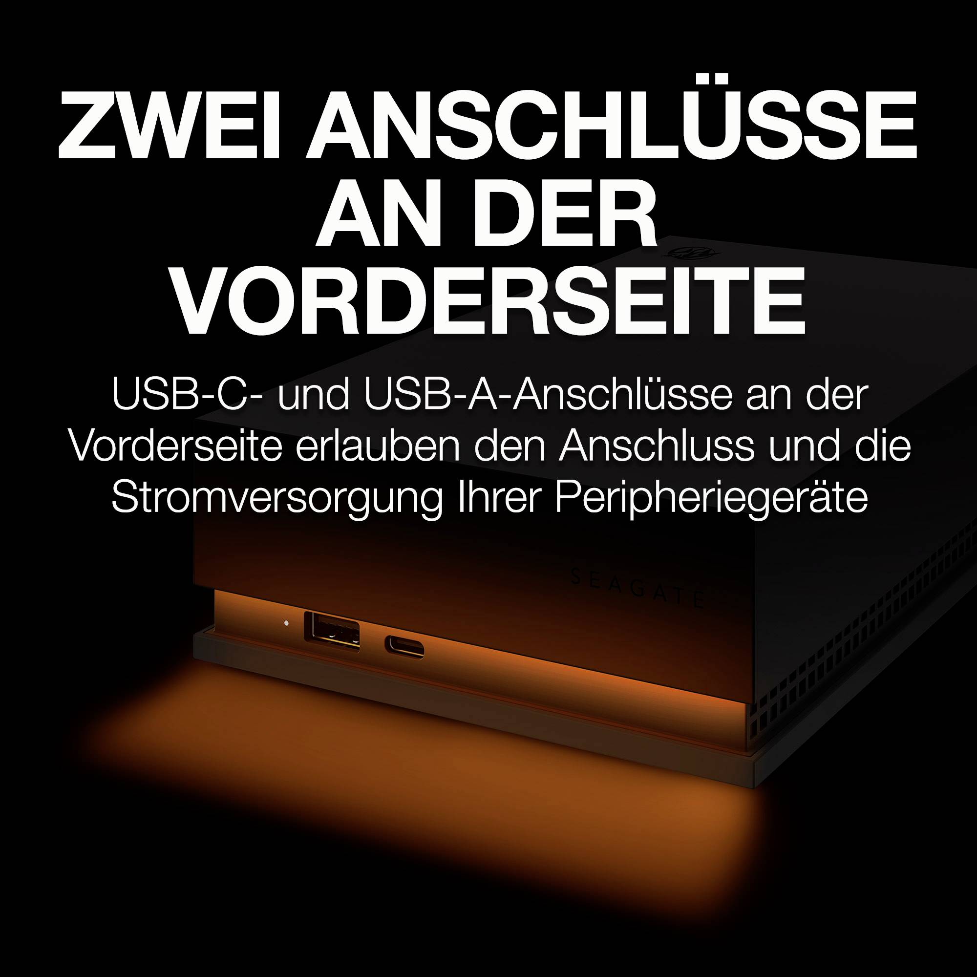 'Two ports on the front: USB-C and USB-A ports enable connection and power supply for devices.'