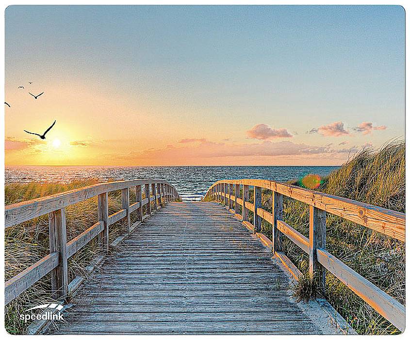 Wooden walkway leads to the beach, framed by sand dunes, at sunset. Birds fly across the sky, calm sea in the background.