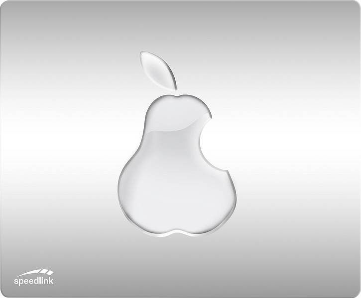 A gleaming logo in the shape of an apple with a bite taken out, combined with the word 'speedlink' in the bottom left on a silver background.