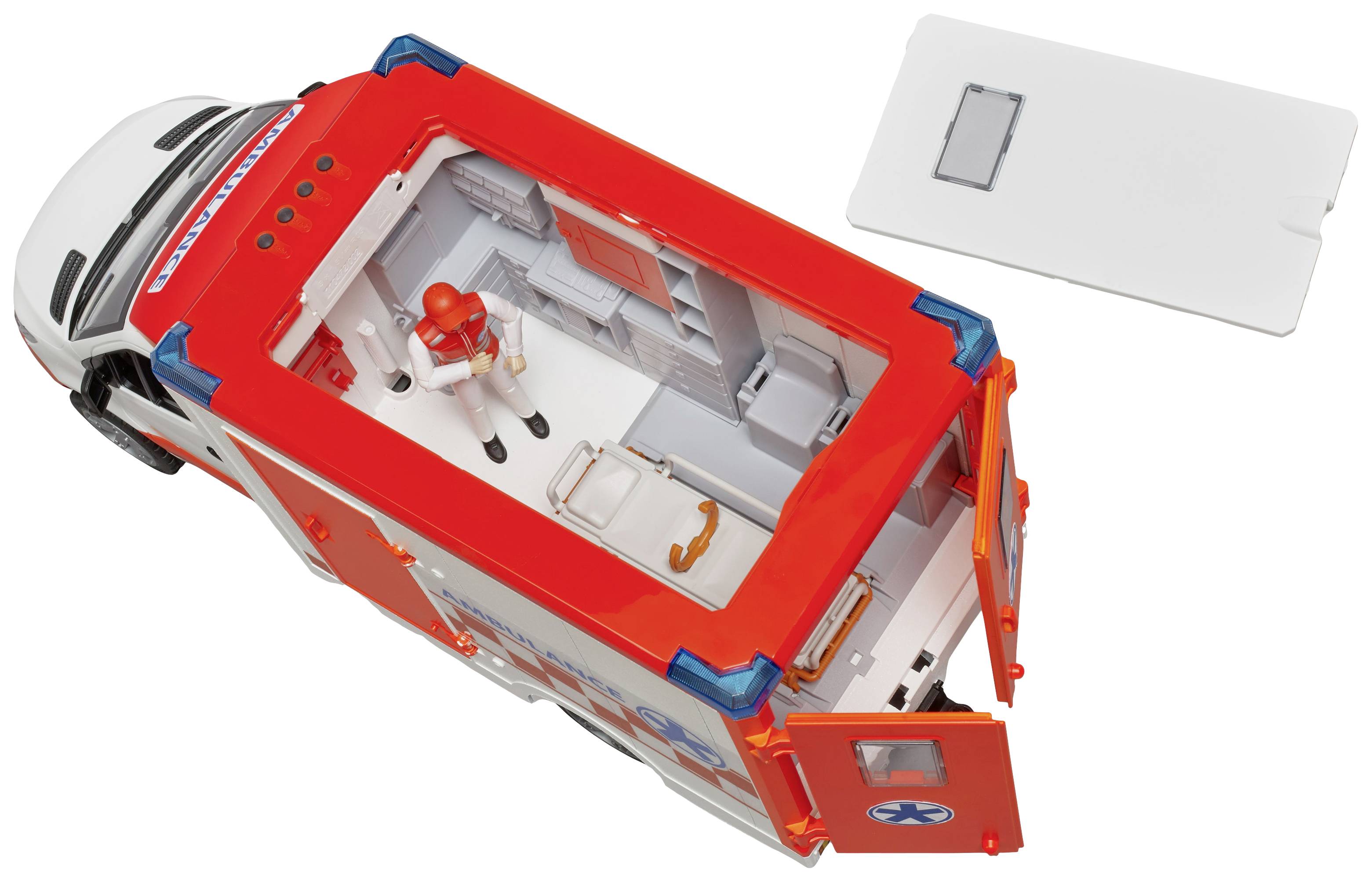 Ambulance model with an open roof reveals the interior with a stretcher and a figure in a white uniform. Removable plate beside it.