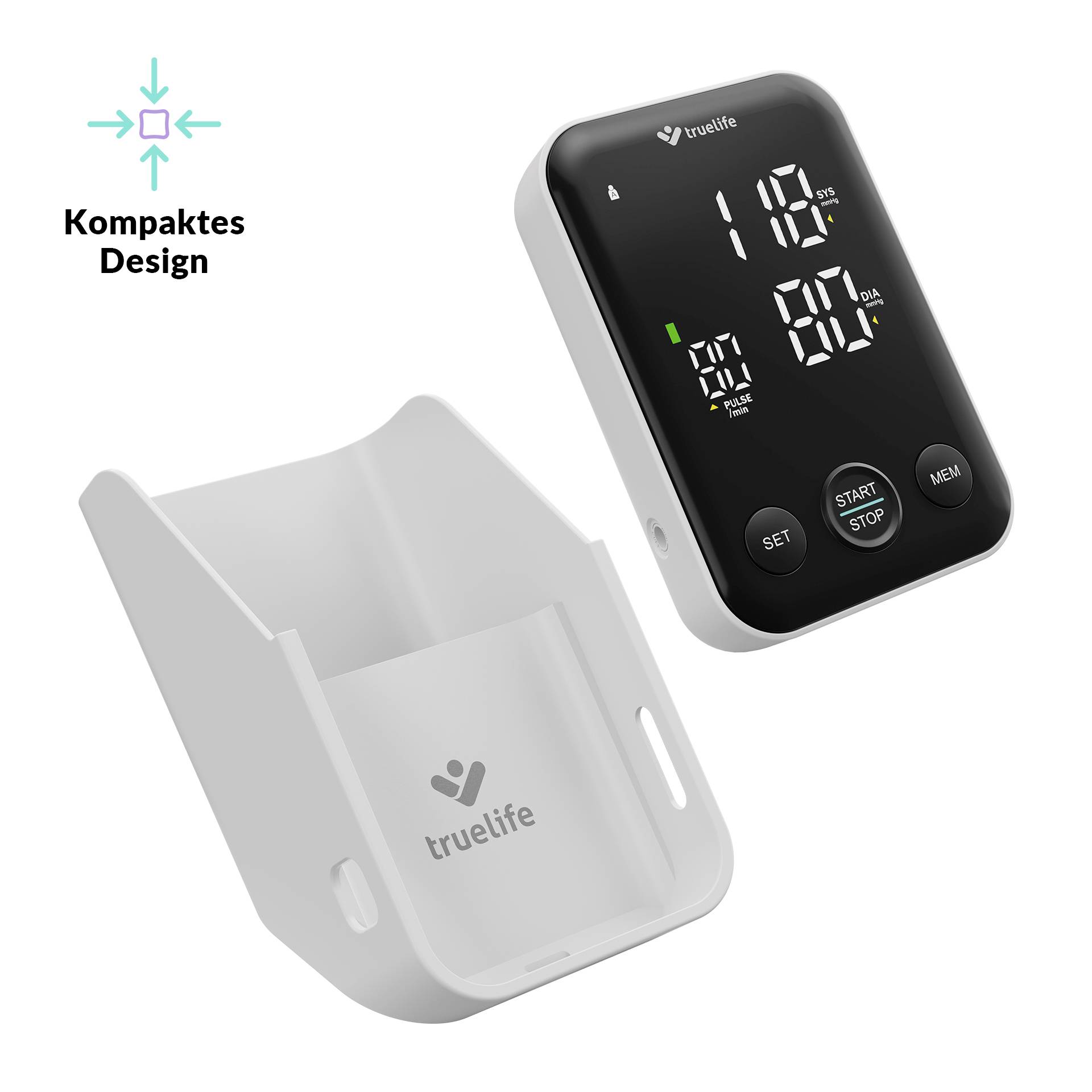 'Digital blood pressure monitor with compact design, large display and control buttons. Includes holder for easy storage.'