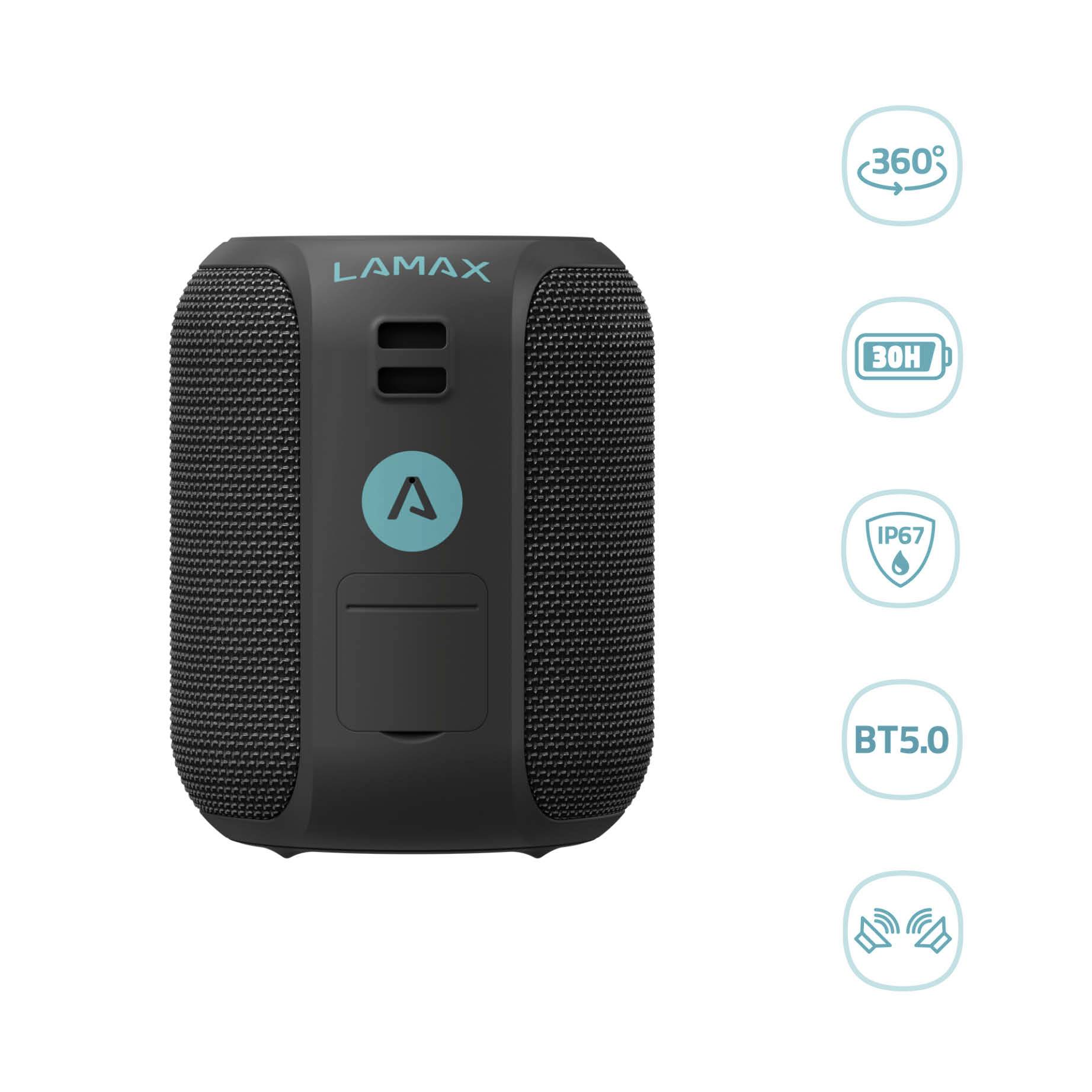 Black portable speaker, front view with turquoise logo. Symbols on the right indicate 360° sound, 30-hour battery life, IP67 protection and Bluetooth 5.0.