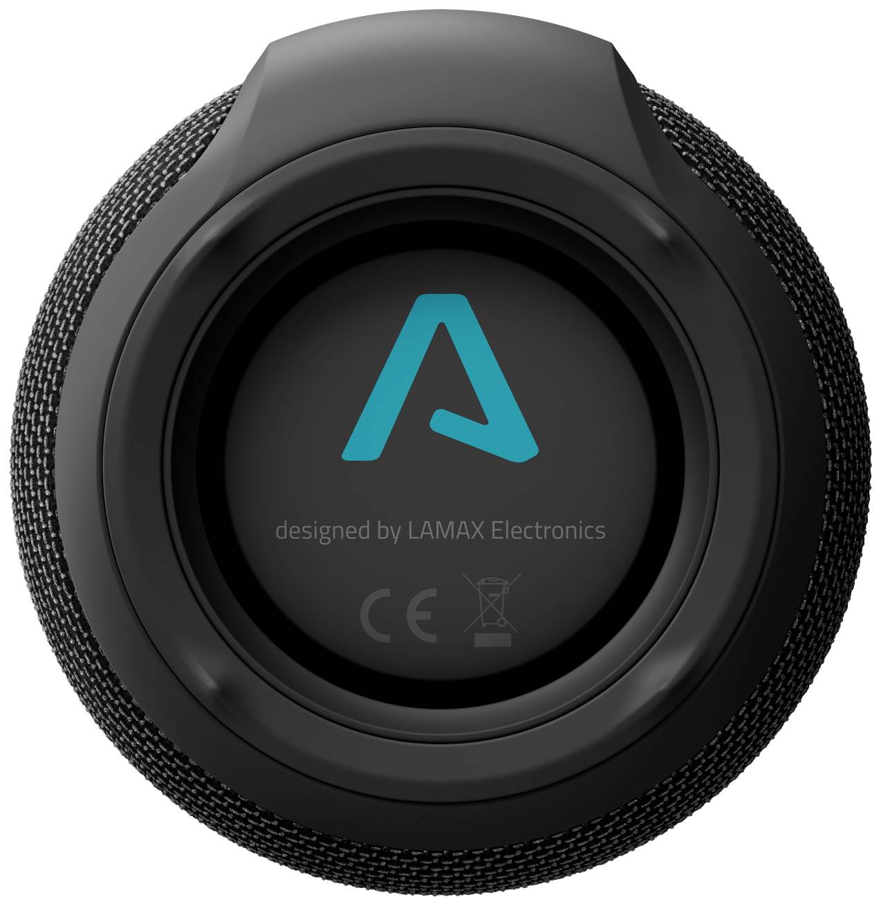 Black and grey speaker viewed from above, with a blue 'A' logo in the centre, surrounded by text 'designed by LAMAX Electronics'.