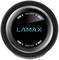 Round, black speaker viewed from above, with a blue 'LAMAX' logo in the centre and volume controls around the edge.