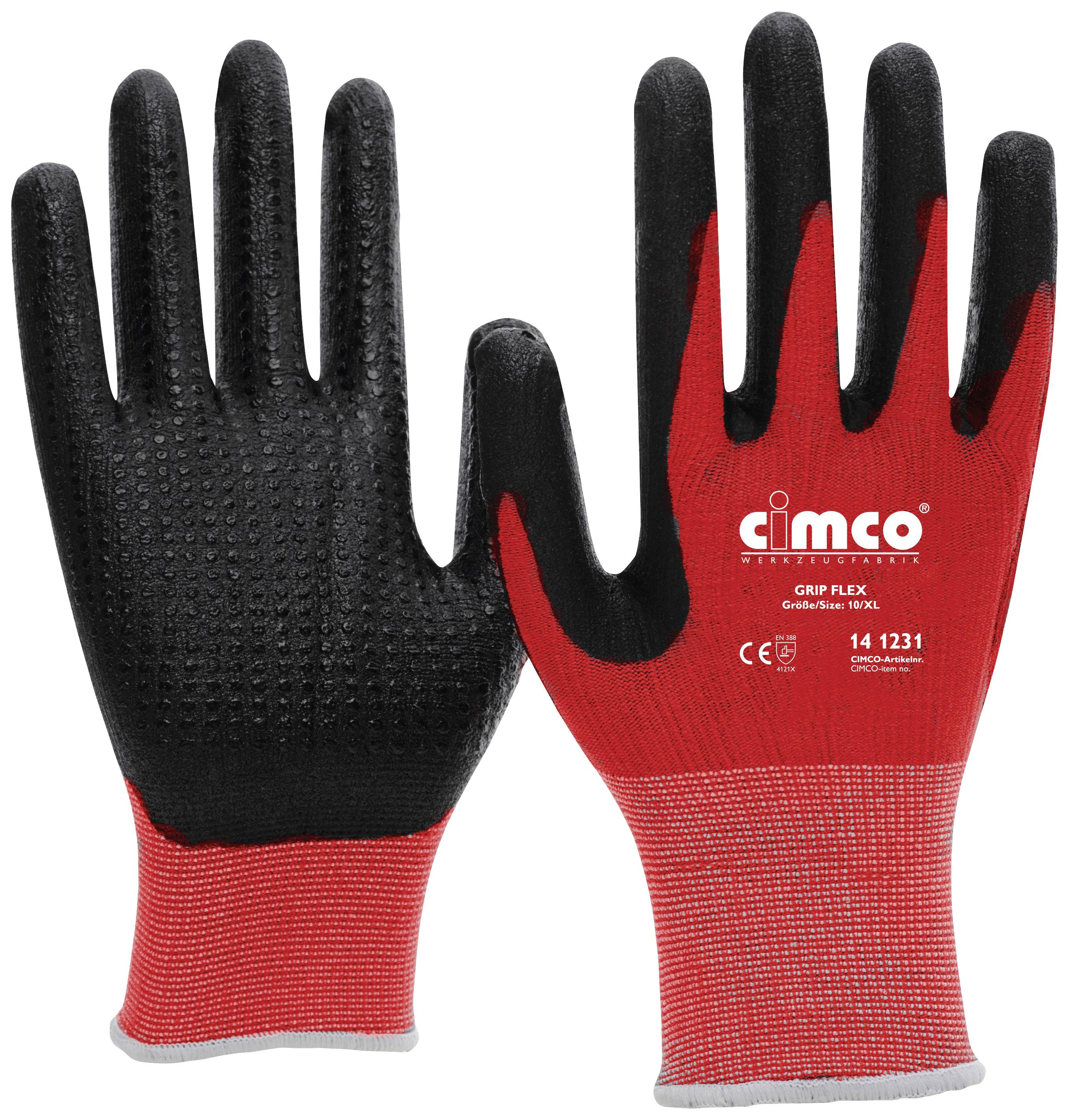 Two red fabric work gloves with a black coating on the palms, providing enhanced grip and protection.