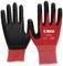 Two red fabric work gloves with a black coating on the palms, providing enhanced grip and protection.