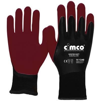 Two red work gloves with black palms. Inscription on the right glove: 'Cimco', 'Winter Soft', Size M.