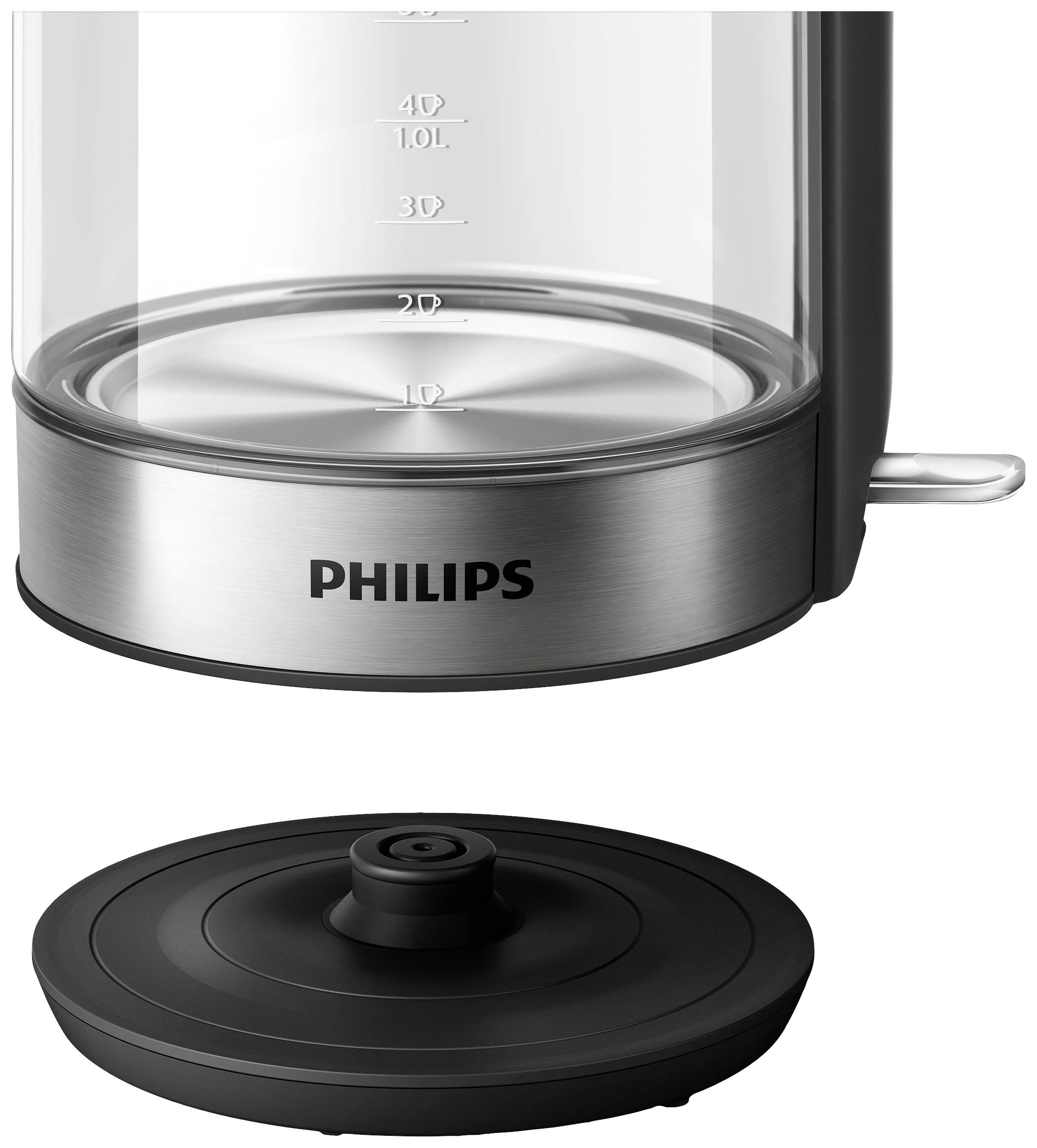 Transparent Philips kettle made of glass and stainless steel with a removable lid, with capacity marked in millilitres.