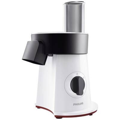 A white vegetable chopper with a black lid and a large rotary dial at the front. Brand name displayed at the bottom of the appliance.