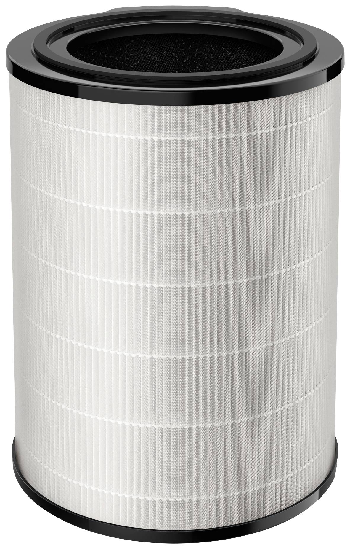 Cylindrical HEPA filter in white with black end caps, made from multi-layered folded material for air purification.