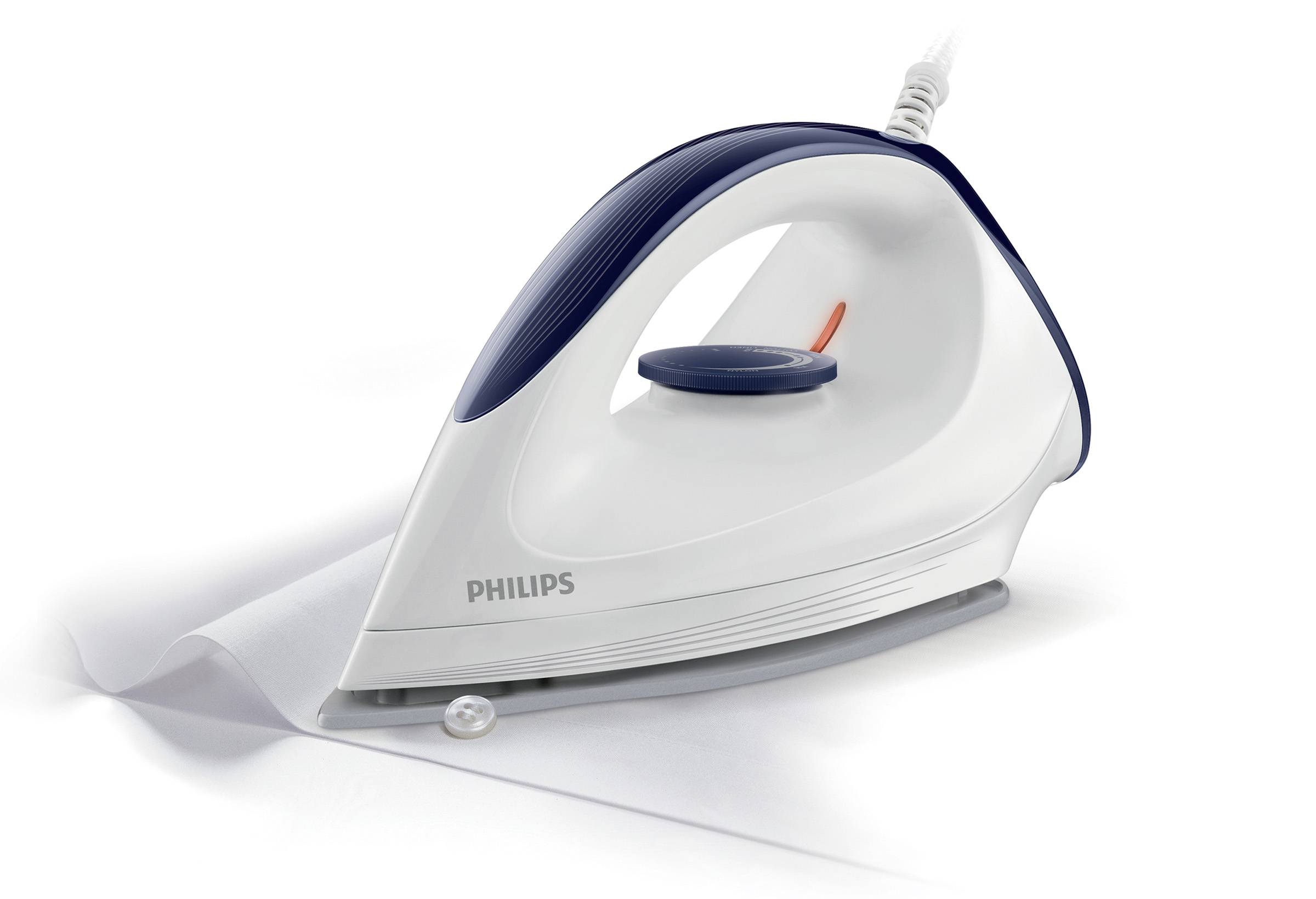 A white and blue steam iron with a smooth handle and a steep point rests on a pressed white fabric.