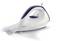 A white and blue steam iron with a smooth handle and a steep point rests on a pressed white fabric.
