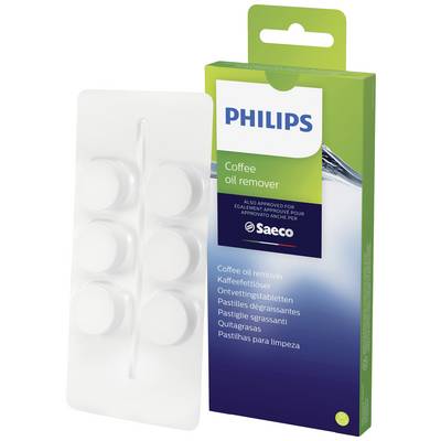 'Philips Coffee Oil Remover' packaging next to a blister pack of six white tablets. Suitable for degreasing and cleaning coffee machines.