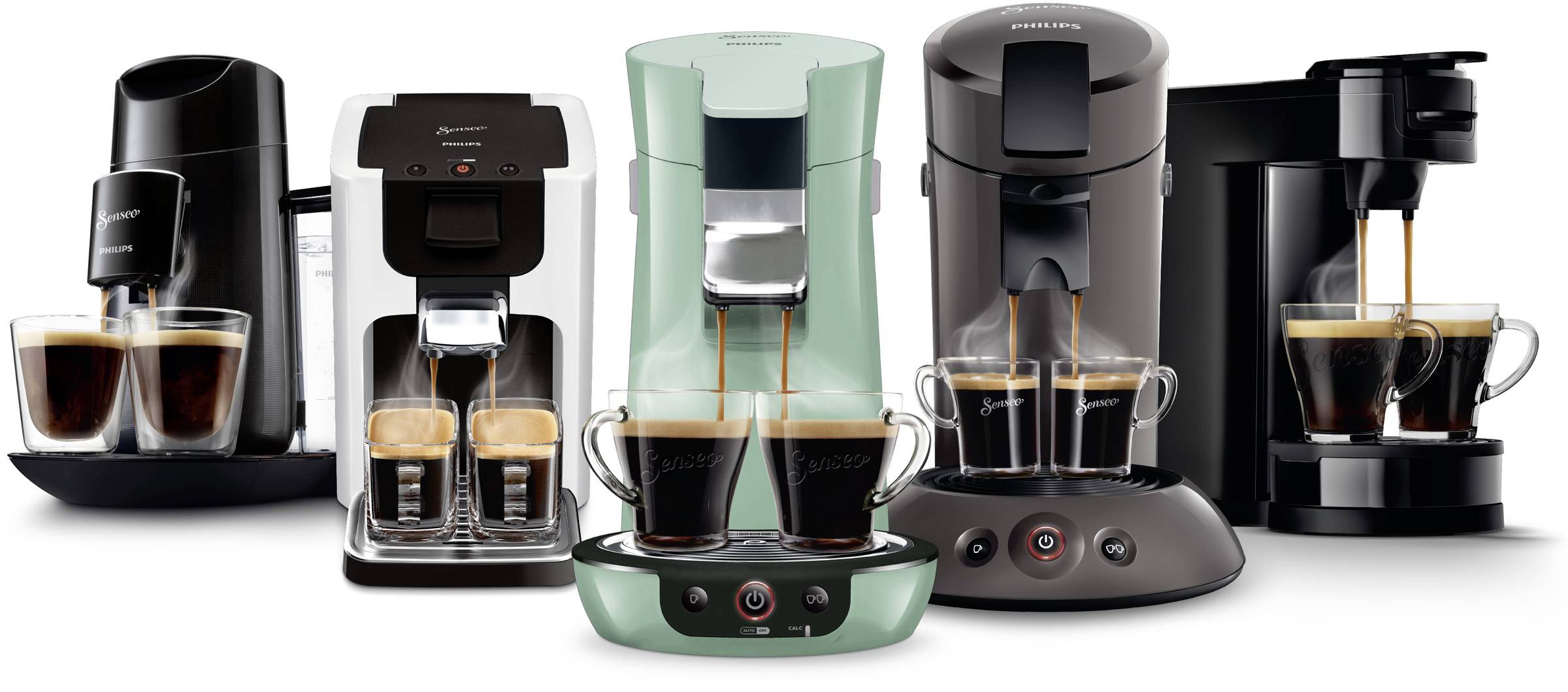 Five different coffee machines in a row, each with a filled cup of coffee. Varied designs and colours.