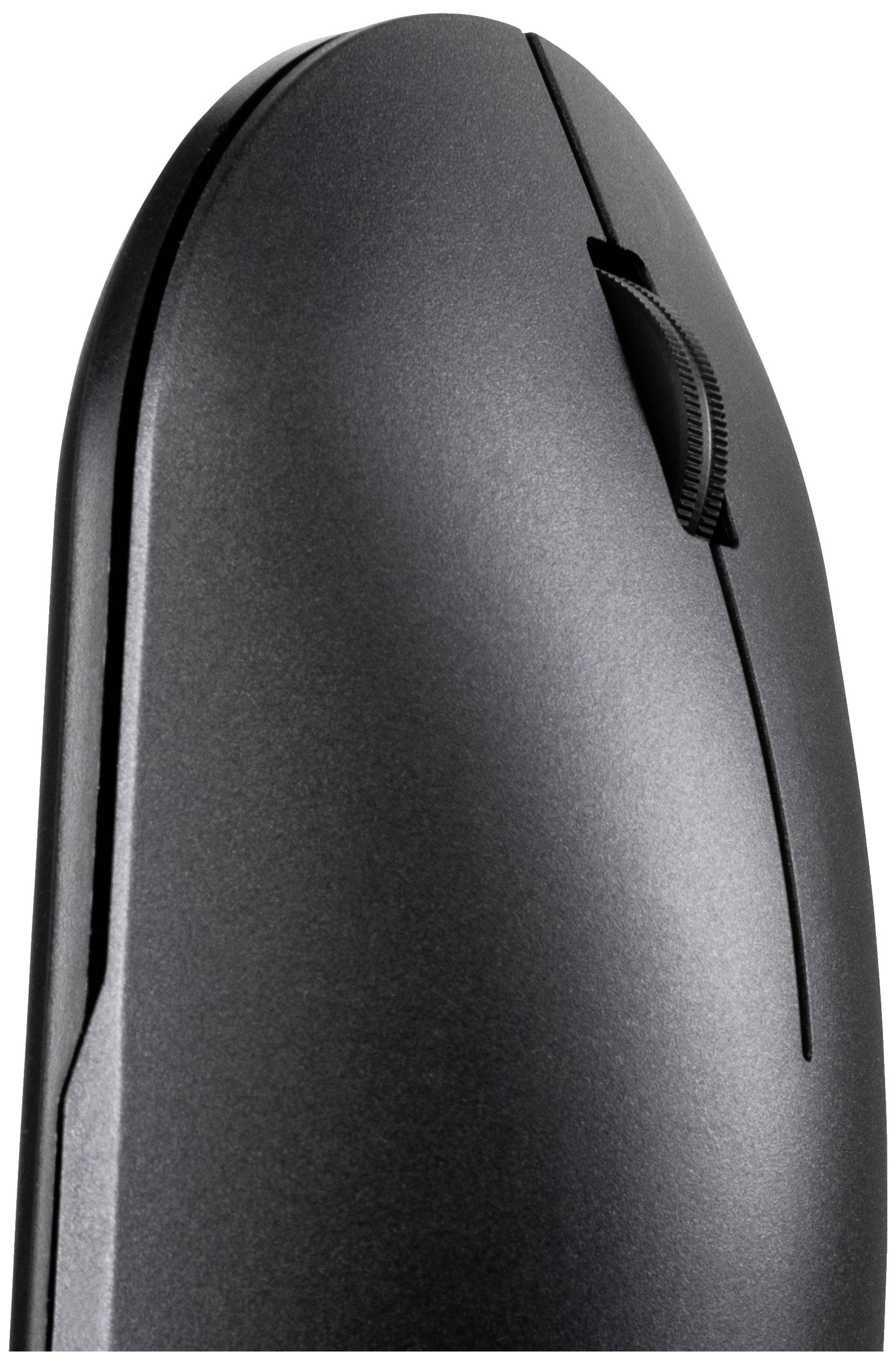 Black computer mouse viewed from the side with visible scroll wheel, ergonomic design.
