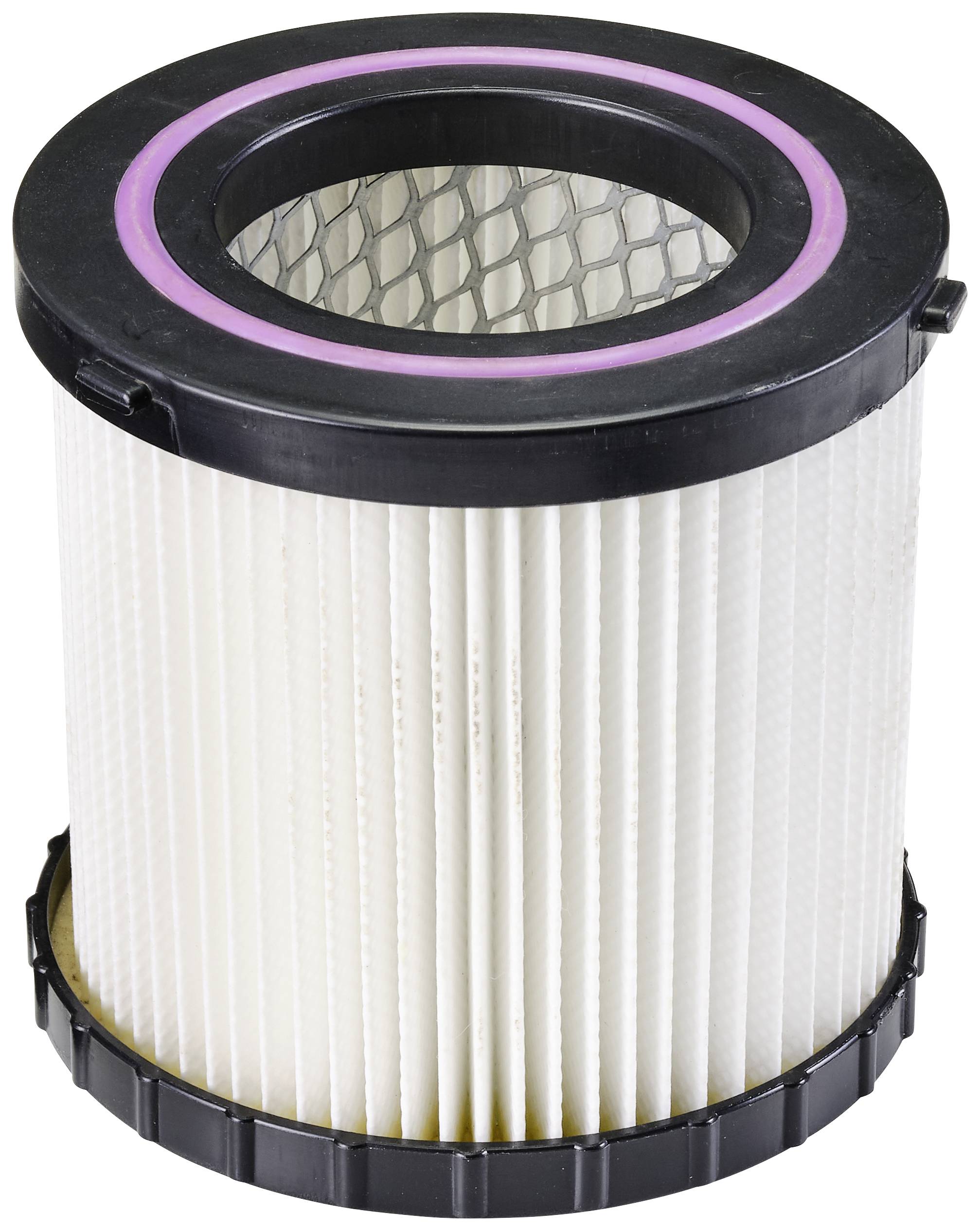 A cylindrical air filter with white paper material and metal reinforcements, surrounded by a black and pink frame.