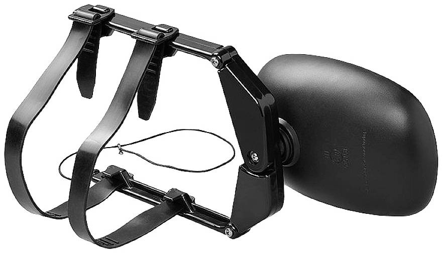 Headrest mount with two adjustable straps for attachment to a car seat, featuring an oval back support shield.