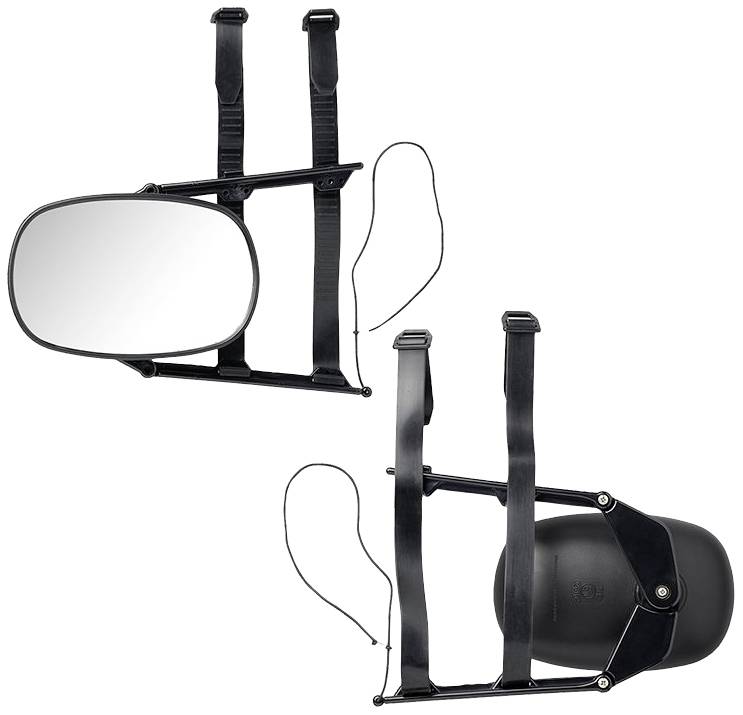 Rear-view mirror attachment, black, with adjustable rubber straps for additional securing to existing side mirrors; for improved visibility in traffic.